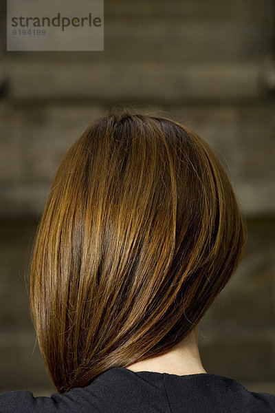 Frau mit langen braunen Haaren  Rückansicht