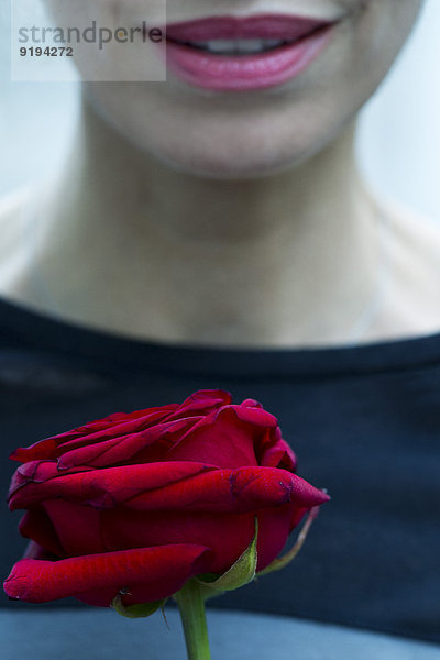 Frau hält einzelne Rose  beschnitten
