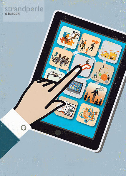 Nahaufnahme der Hand eines Geschäftsmannes der Apps auf einem bunten Digital-Tablet benutzt