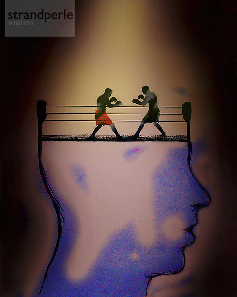 Zwei Männer boxen in dem Kopf eines Mannes