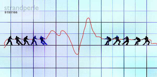 Männer ziehen Liniendiagramm beim Tauziehen in unterschiedliche Richtungen