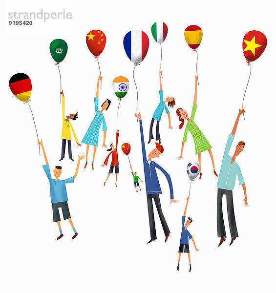 Menschen heben ab und halten Ballons mit internationalen Flaggen