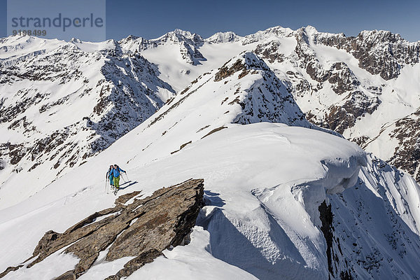 Skitourengeher auf dem Gipfelgrat mit Schneewechte  beim Aufstieg auf die Laaser Spitze im Martelltal  hinten die Ortlergruppe mit König  Zebru und Ortler  links die Zufallspitze und Cevedale  Nationalpark Stilfserjoch  Südtirol  Italien