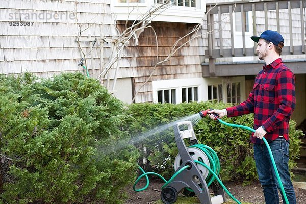 Mittlerer Erwachsener Mann Bewässerungspflanzen mit Schlauch im Garten