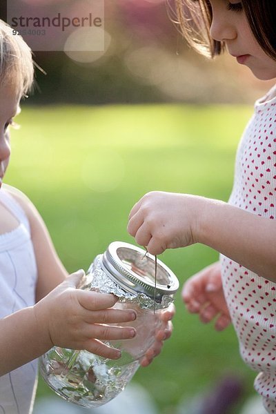 Mädchen und Kleinkind Schwester  die grüne Anole Eidechse in ein Glas legt