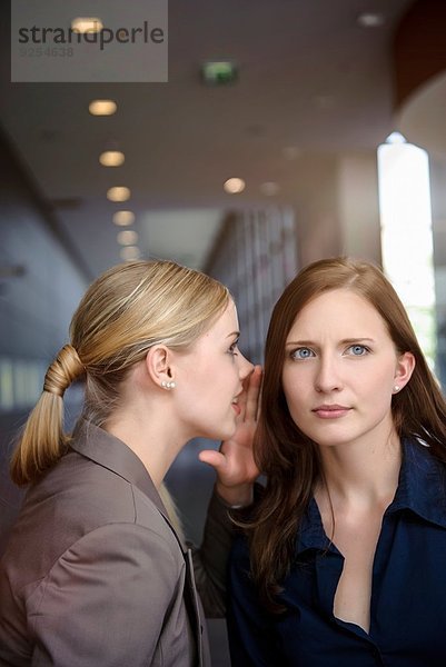 Zwei seriöse junge Geschäftsfrauen  die im Büro flüstern.
