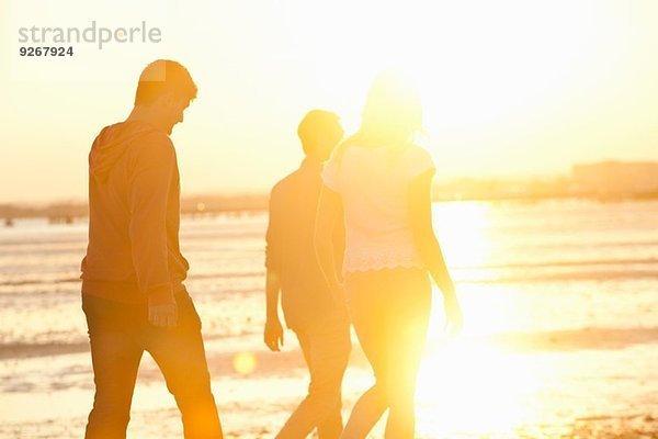 Freunde  die bei Sonnenuntergang am Strand spazieren gehen.