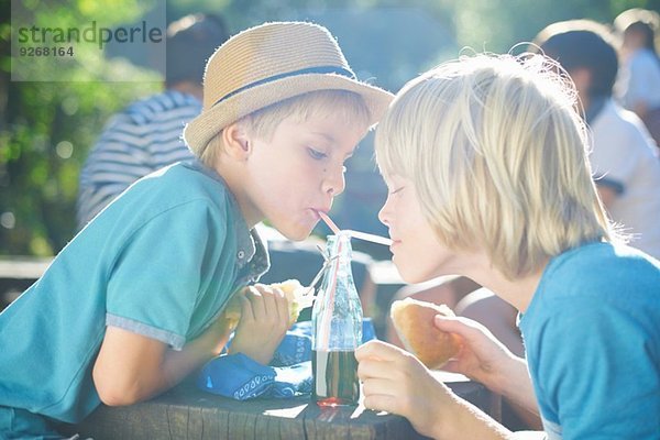 Zwei kleine Jungen  die aus der Flasche mit Strohhalmen trinken.