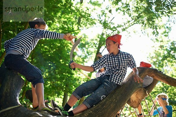Junge Jungen als Piraten verkleidet  die im Baum spielen.