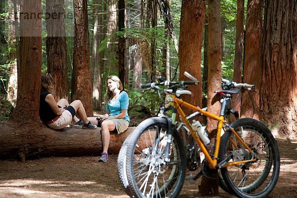 Zwei Mountainbikerinnen beim Plaudern auf dem Baumstamm im Wald