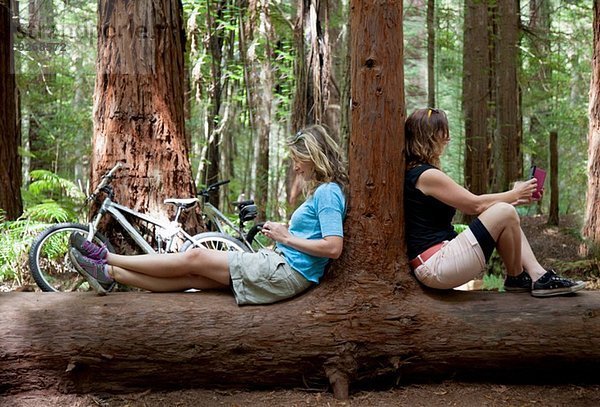 Zwei erwachsene Frauen  die auf Smartphone und digitales Tablett im Wald blicken