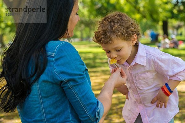 Junge Mutter und Sohn riechende Blume im Park
