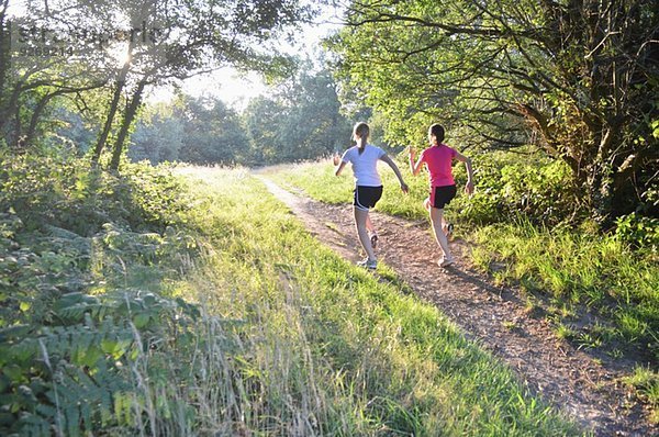 Zwei junge Läuferinnen  die morgens den Waldweg hinauflaufen.