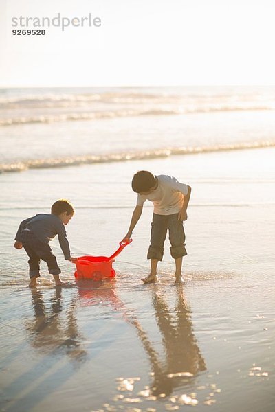 Brüder füllen Spielzeugwagen mit Meerwasser am Strand