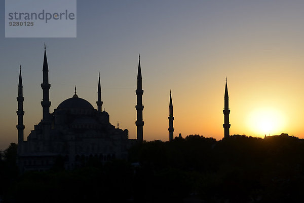 Blaue Moschee  auch Sultan-Ahmed-Moschee  Sultanahmet Camii  im Sonnenuntergang  UNESCO-Weltkulturerbe  europäischer Teil  Istanbul  Türkei