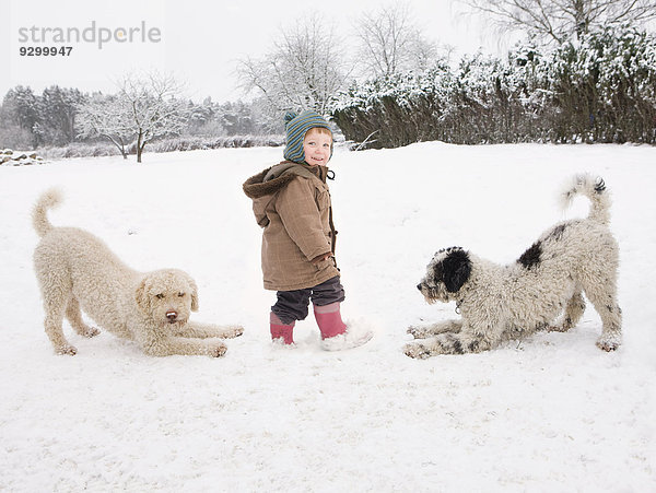 Kleines Mädchen mit portugiesischen Wasserhunden im Schnee