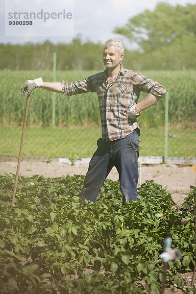 Lächelnder reifer Mann mit Stock im Gemüsegarten stehend
