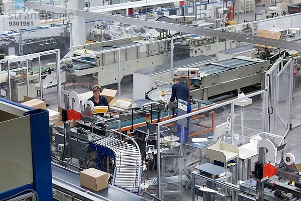 Arbeiterinnen und Arbeiter  die in der Papierverpackungsfabrik arbeiten