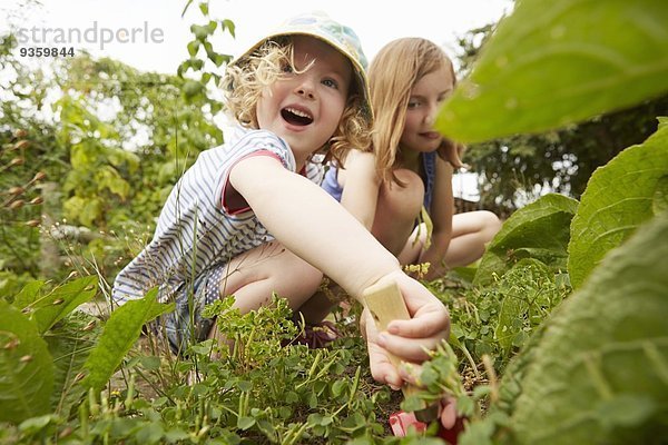 Zwei Schwestern hocken und graben im Garten