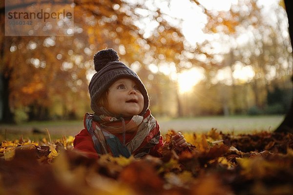 Junges Mädchen im Herbstlaub sitzend