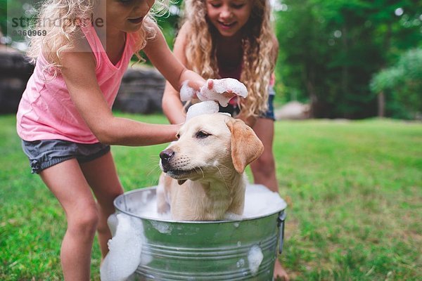 Zwei Schwestern baden Haustier Labrador Retriever Welpe