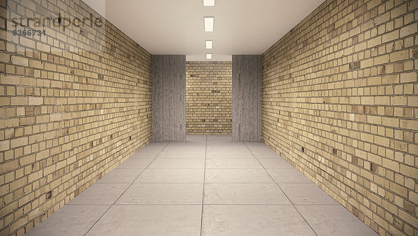 Leerer Keller mit Backsteinwänden und Betonboden in einem Schulgebäude  3D-Rendering
