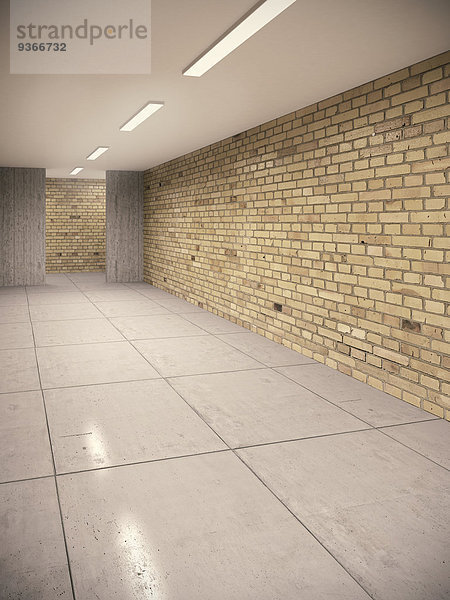 Leerer Keller mit Backsteinwänden und Betonboden in einem Schulgebäude  3D-Rendering
