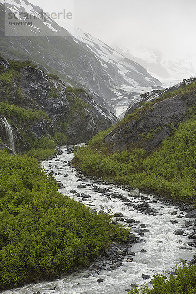 Berg bedecken Felsen Vereinigte Staaten von Amerika USA fließen Fluss Denali Nationalpark Alaska Anchorage Schnee