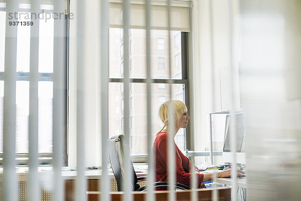 Büroalltag. Eine Frau sitzt an einem Schreibtisch mit einem Computer und schaut aufmerksam auf den Bildschirm.