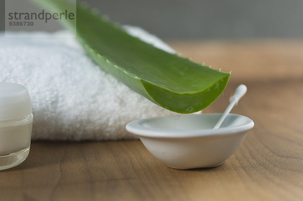 Aloe Vera-Blatt  Schälchen und Handtuch