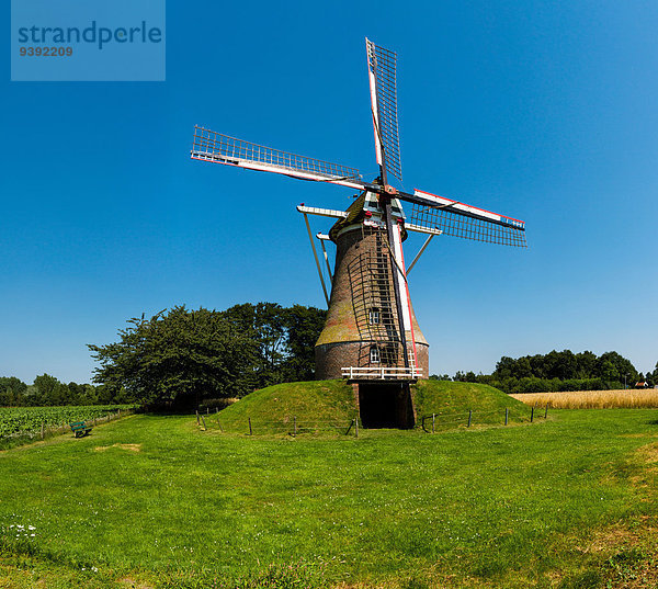Windturbine Windrad Windräder Europa Sommer Feld Wiese Niederlande Gelderland Erdhügel