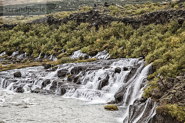 Wasser Europa Steilküste Ereignis Herbst Wasserfall Schlucht Hvítá Hraunfossar Island Stimmung
