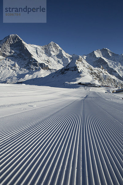 Europa Berg Winter schnitzen Skisport Skipiste Piste Ski Eiger Berner Alpen Berner Oberland Kanton Bern Mönch Schweiz Wintersport