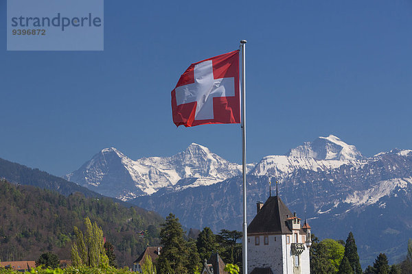 Schweizer Flagge Schweizer Flaggen Europa Palast Schloß Schlösser Fahne Eiger Berner Alpen Berner Oberland Kanton Bern Mönch Oberhofen Schweiz