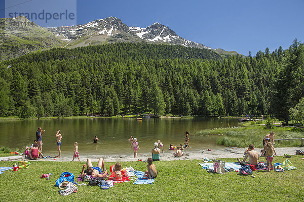 Europa Mensch Menschen Sommer baden Schwimmer schwimmen Schwimmbad Kanton Graubünden Engadin März Bergsee Schweiz