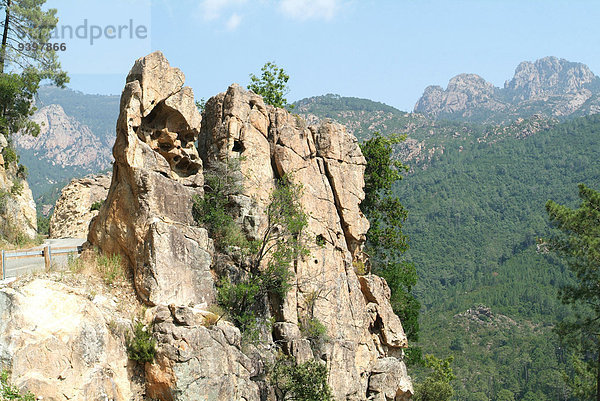 Felsbrocken Landschaftlich schön landschaftlich reizvoll Frankreich Europa Berg Stein Freizeit Entspannung Sommer Landschaft grün Tal Fernverkehrsstraße Natur Korsika