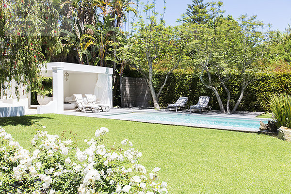 Schwimmbad und Hinterhof des modernen Hauses