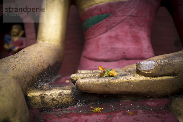 Blume gelb halten Statue Buddha