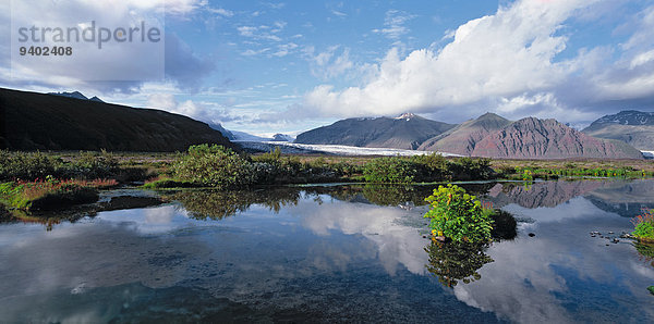 Nationalpark Außenaufnahme Landschaftlich schön landschaftlich reizvoll Berg Ruhe Baum Landschaft Schönheit niemand Spiegelung See Querformat Skaftafell Nationalpark Wolkengebilde Island Idylle freie Natur