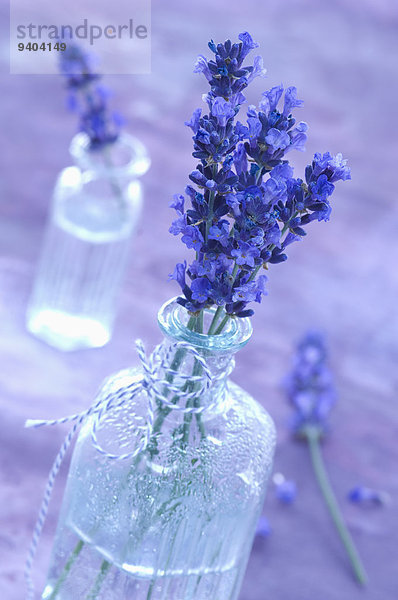 Lavendelblüte und Lavendelwasser in einer Glasflasche