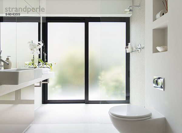 Weißes  sauberes  modernes Bad mit mattierter Glastür
