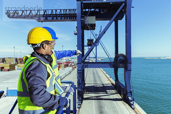 Arbeiter und Geschäftsmann bei der Untersuchung von Ladekranen am Wasser