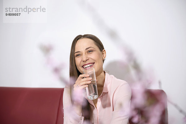 sitzend junge Frau junge Frauen Wasser Couch lächeln trinken
