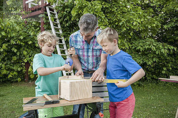 bauen Junge - Person Menschlicher Vater Garten Bohrmaschine Bohrer Vogelhäuschen