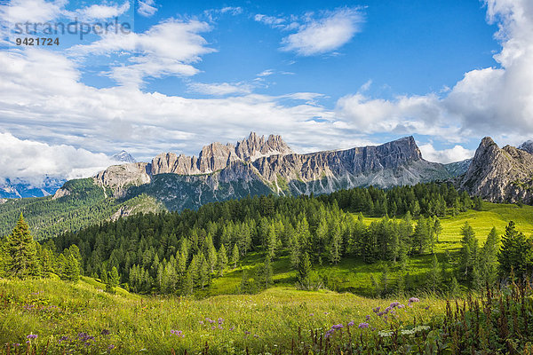 Berg Lastoi de Formin mit blauem Himmel und Wolken  dahinter Croda da Lago  Dolomiten  Venetien  Italien