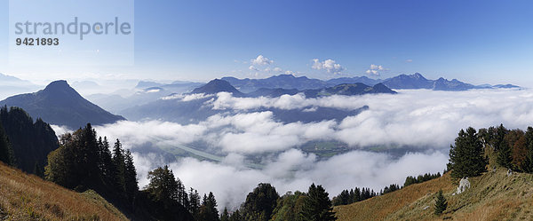 Panoramablick vom Heuberg bei Nußdorf am Inn  links Kranzhorn  Mitte Wildbarren  rechts Wendelstein  Chiemgauer Alpen  Chiemgau  Oberbayern  Bayern  Deutschland