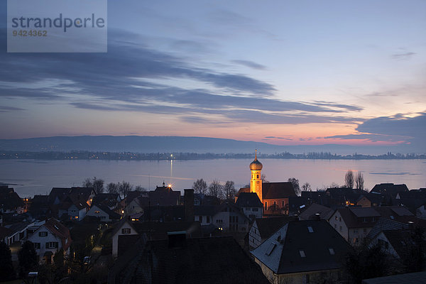 Blick auf Allensbach und die Insel Reichenau im Abendlicht  zugefrorener Bodensee  Baden-Württemberg  Deutschland  Europa