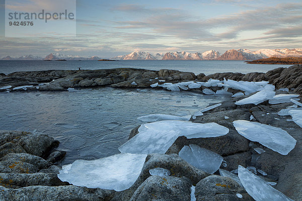 Winterstimmung an der Küste der Inselgruppe von den Lofoten  Henningsvaer  Norwegen  Europa  ÖffentlicherGrund