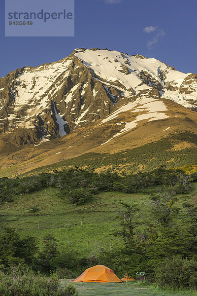 Zelt und Monte Almirante Nieto im Morgenlicht  Torres del Paine Nationalpark  Región de Magallanes y de la Antártica Chilena  Chile
