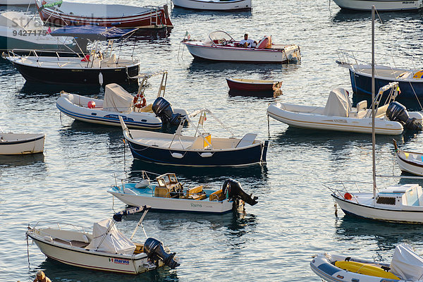 Fischerboote und Schlauchboote im Meer  Sestri Levante  Ligurien  Italien